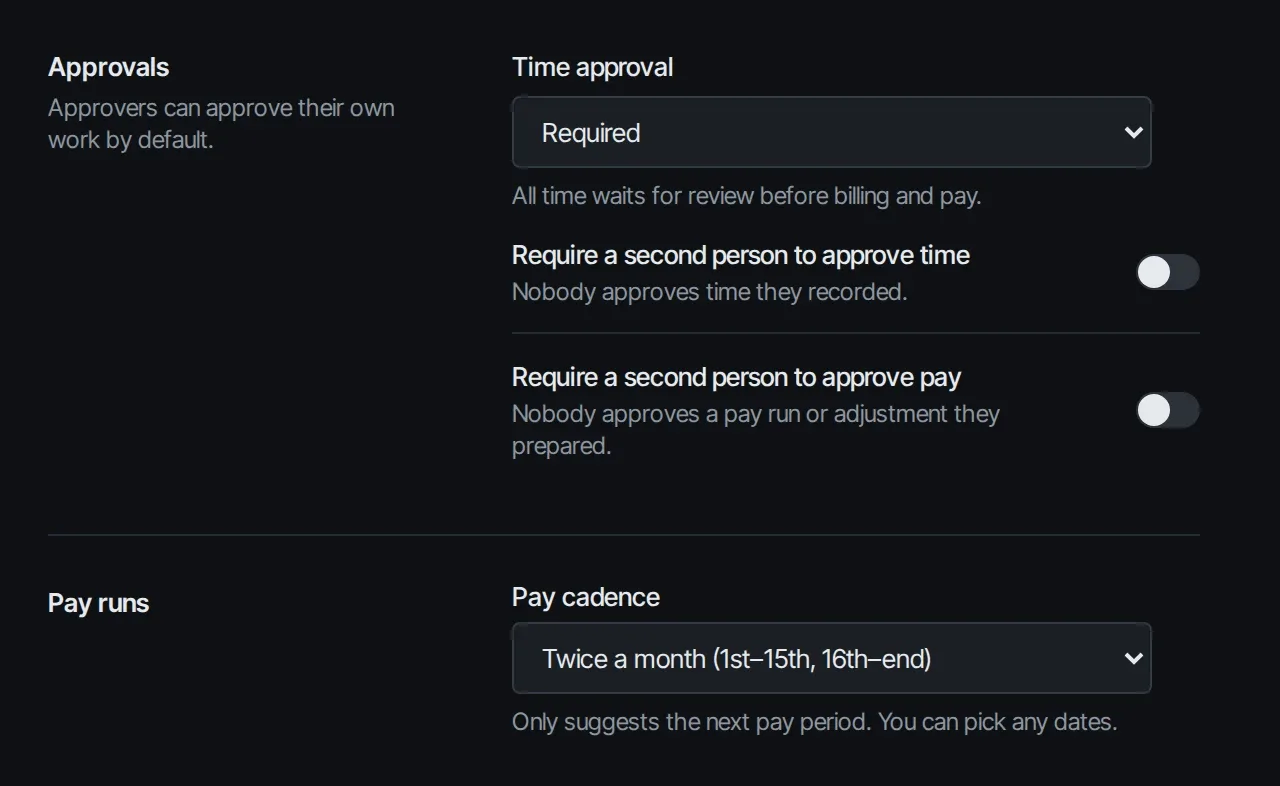 Approval settings: Time approval set to Required, two switches for a second approver, and Pay cadence set to twice a month.