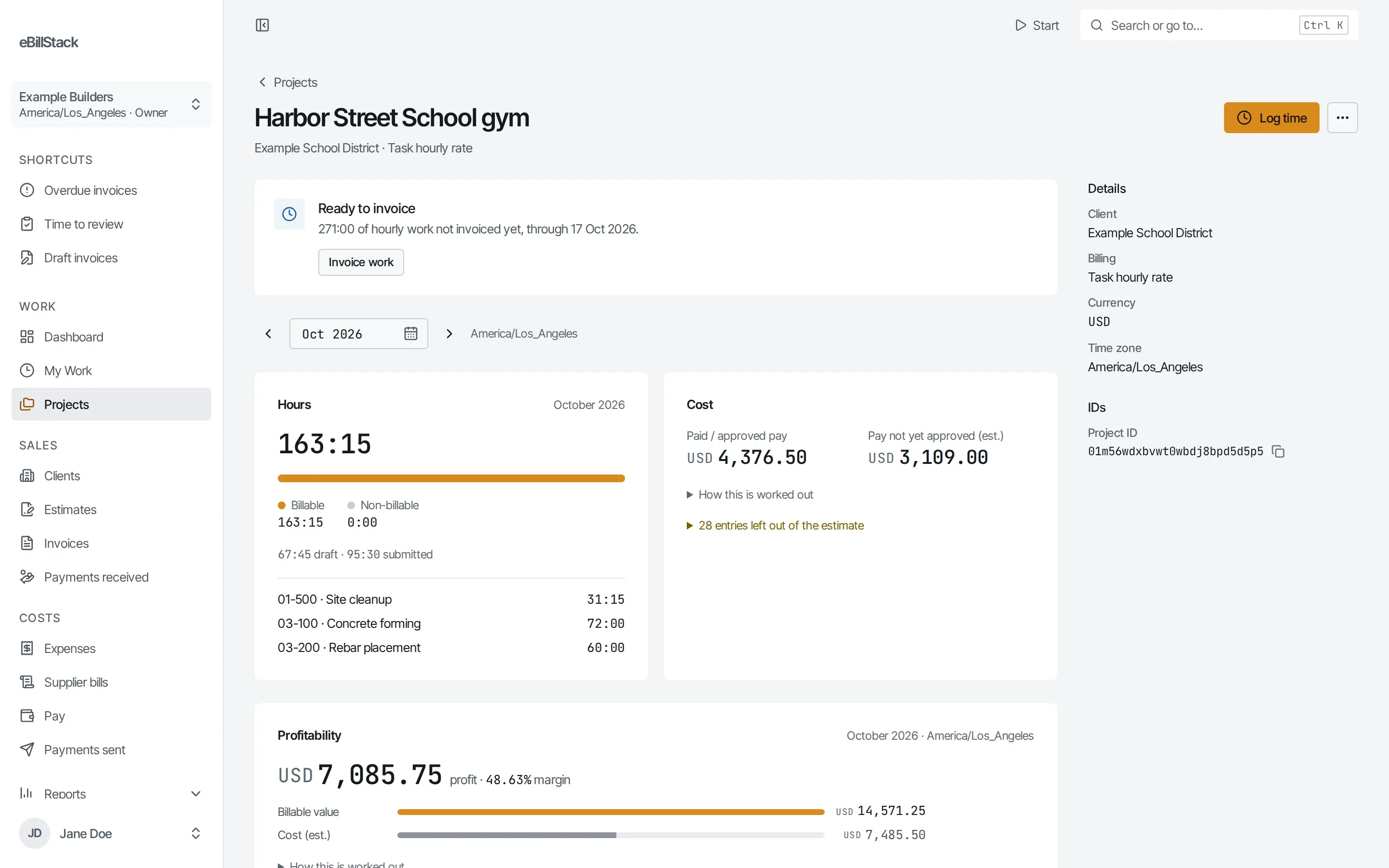 The Harbor Street School gym project: this month's hours by cost code, ready to invoice, with cost and profit.
