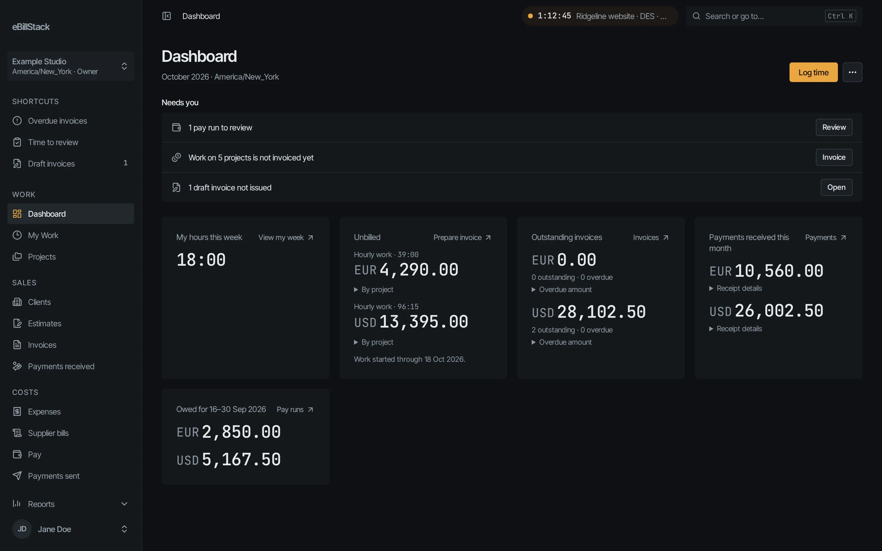 The dashboard: time to review, unbilled work, outstanding invoices, payments this month and what's owed for the last pay period.