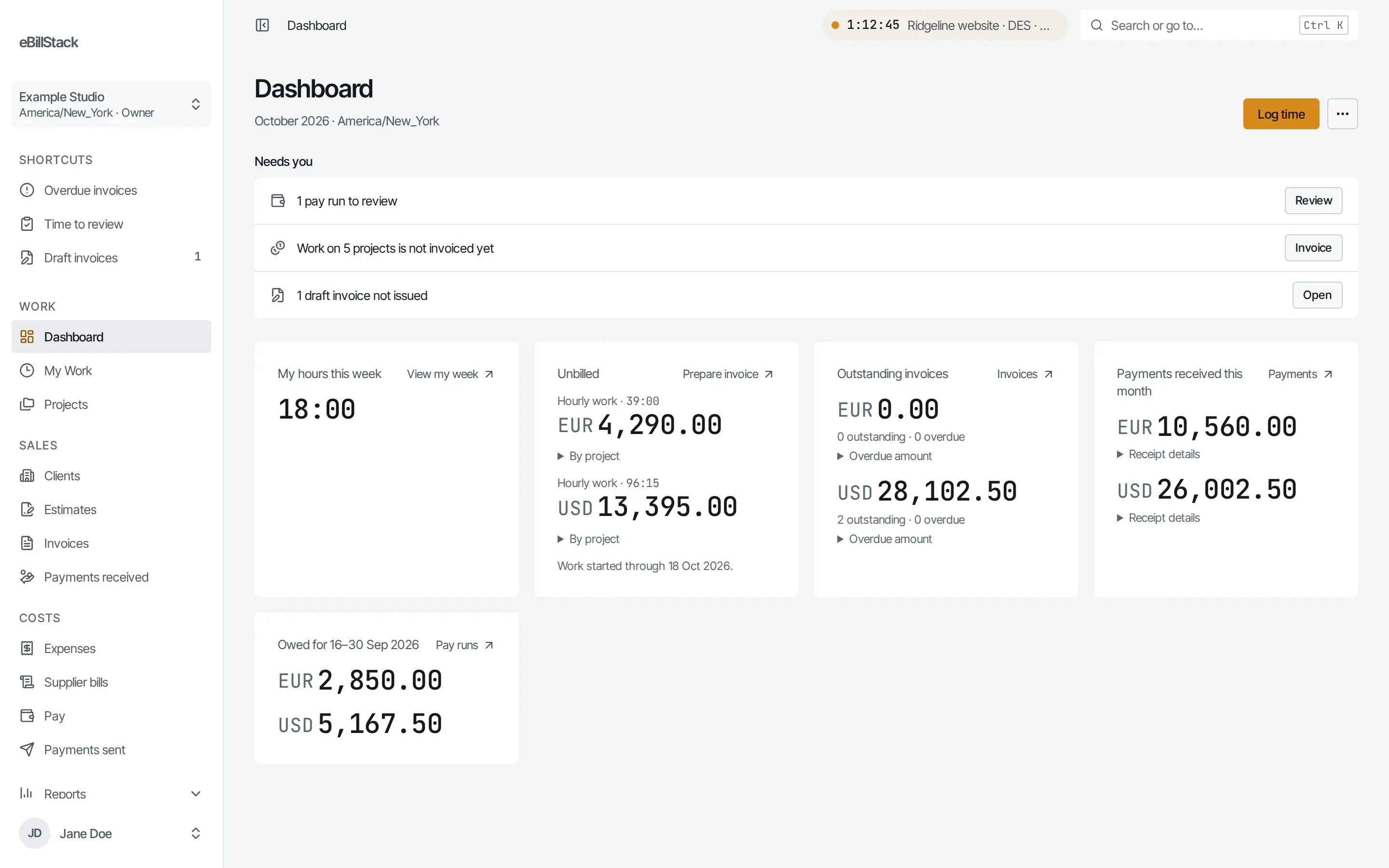 The dashboard: time to review, unbilled work, outstanding invoices, payments this month and what's owed for the last pay period.