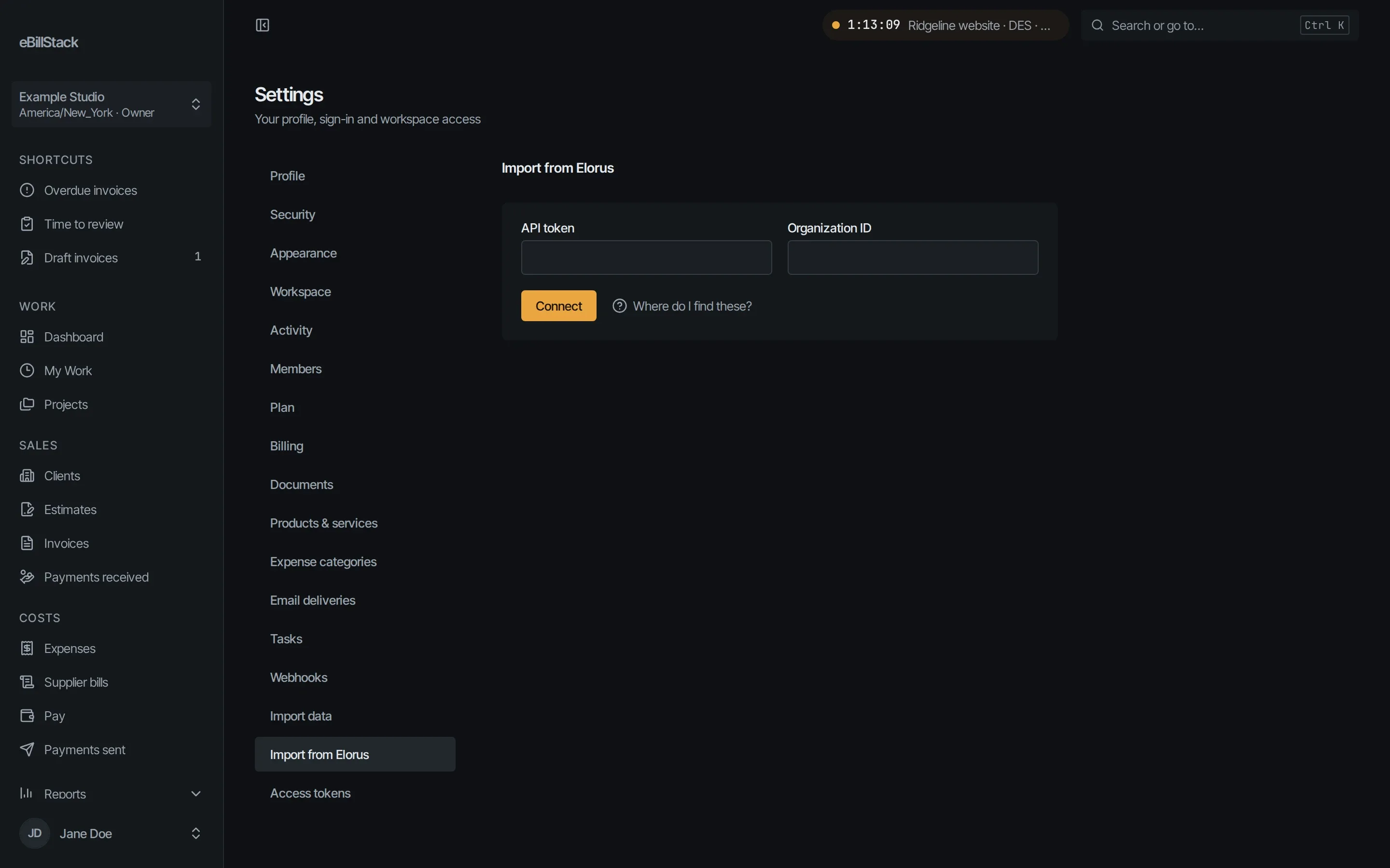 Settings, Import from Elorus: fields for the Elorus API token and organization ID, and Connect.