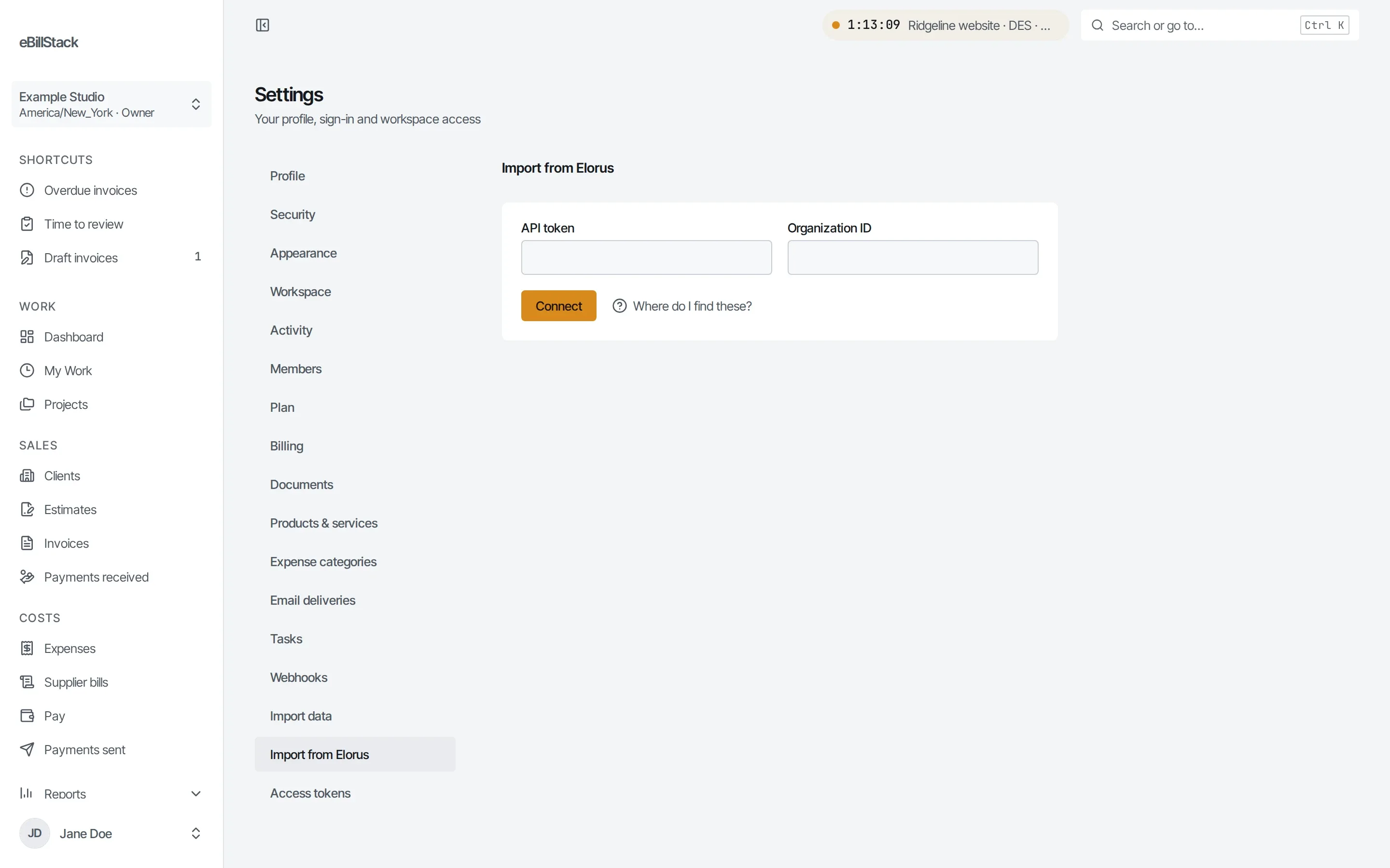 Settings, Import from Elorus: fields for the Elorus API token and organization ID, and Connect.