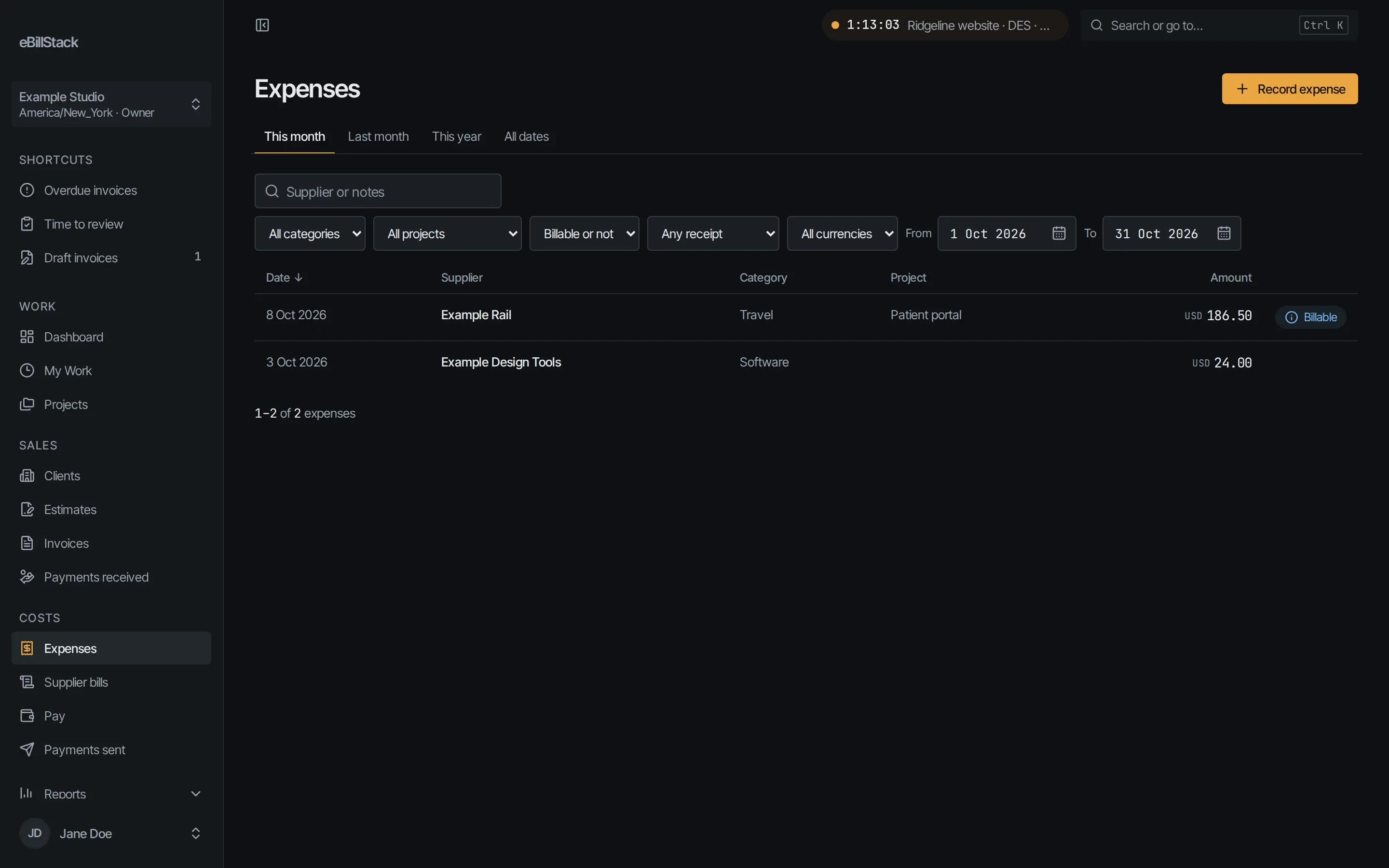 The expenses list for this month, one marked billable to a client project.