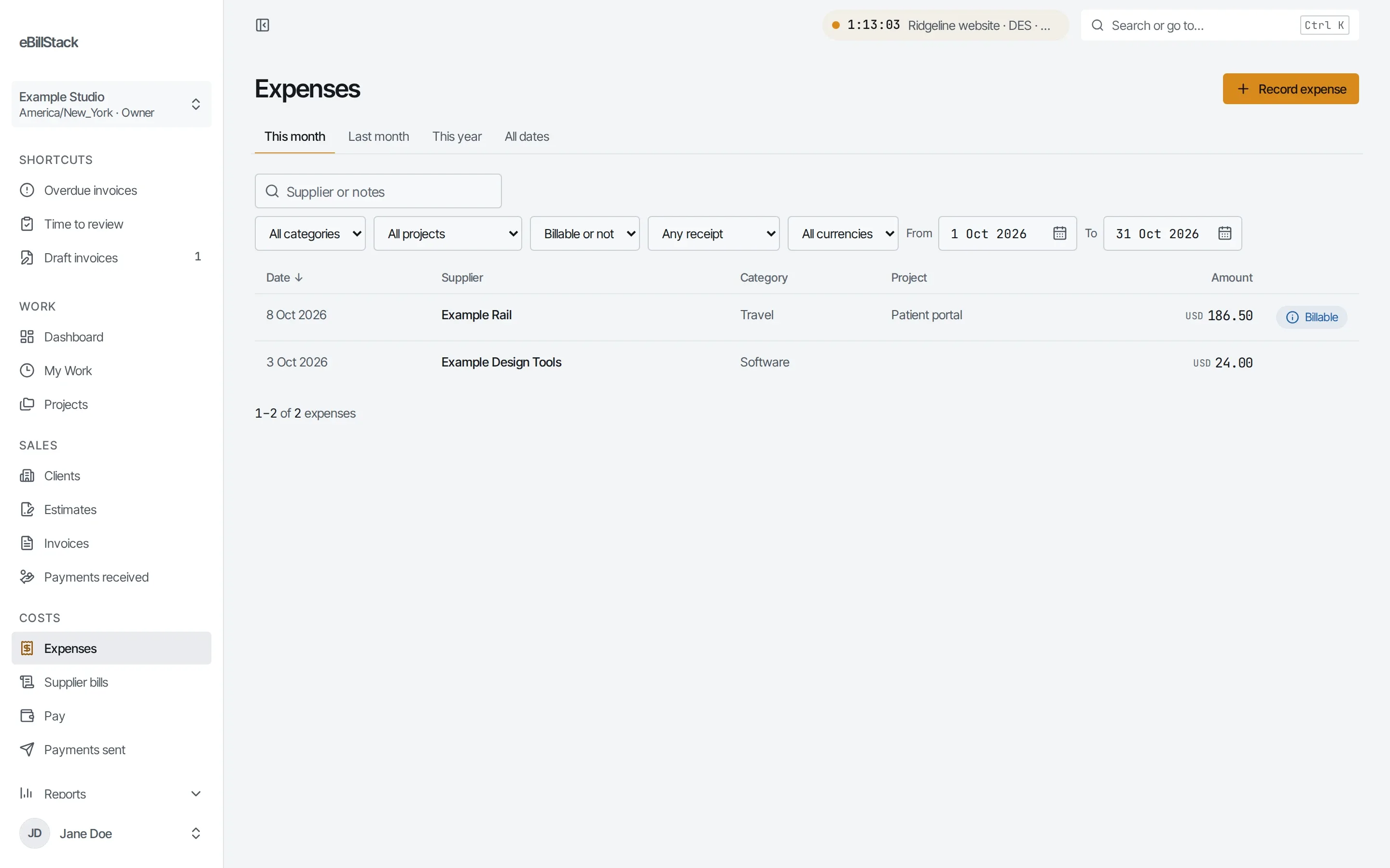 The expenses list for this month, one marked billable to a client project.