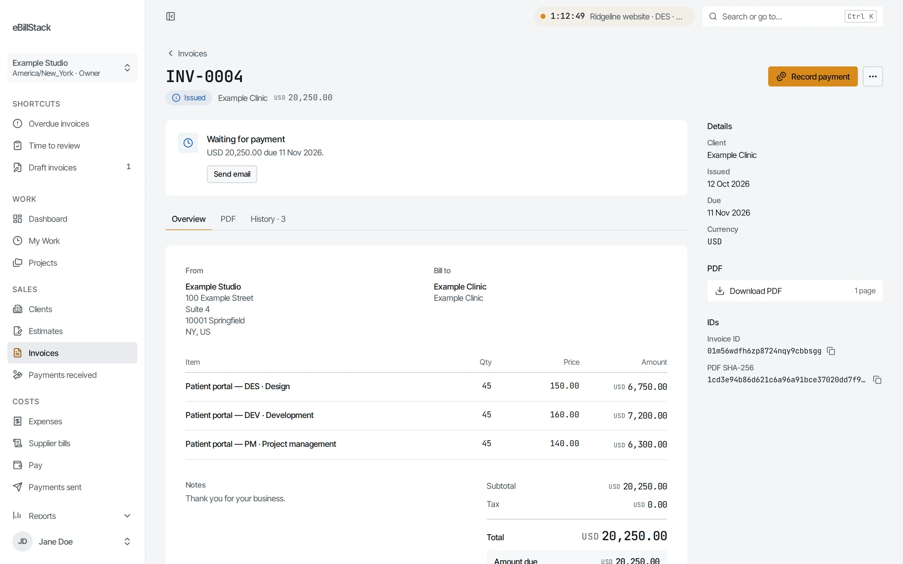 An issued invoice to Example Clinic, with one line per task from approved hours and USD 20,250.00 due.