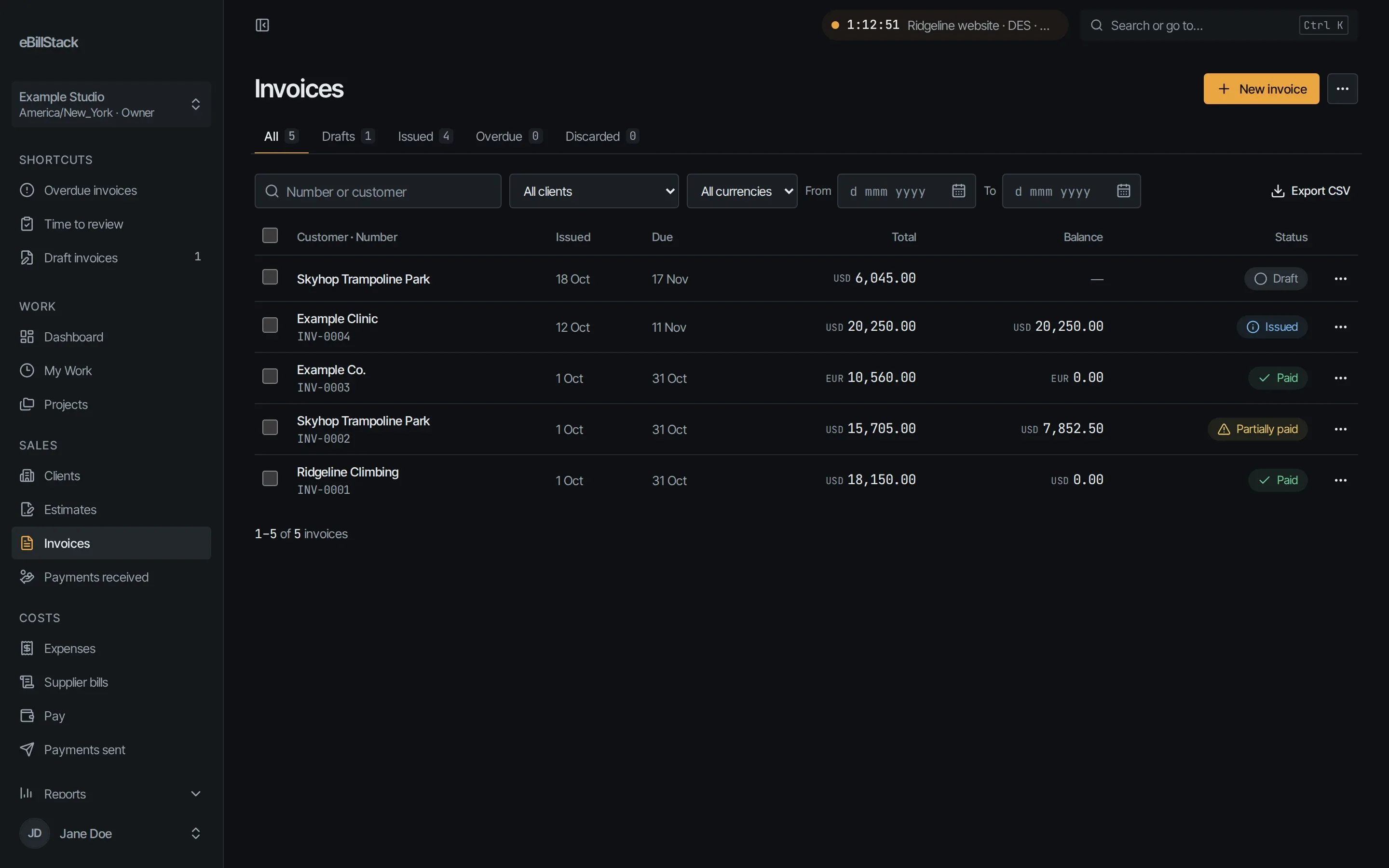 The invoice list: one draft, one issued, one partly paid and two paid, in US dollars and euros.