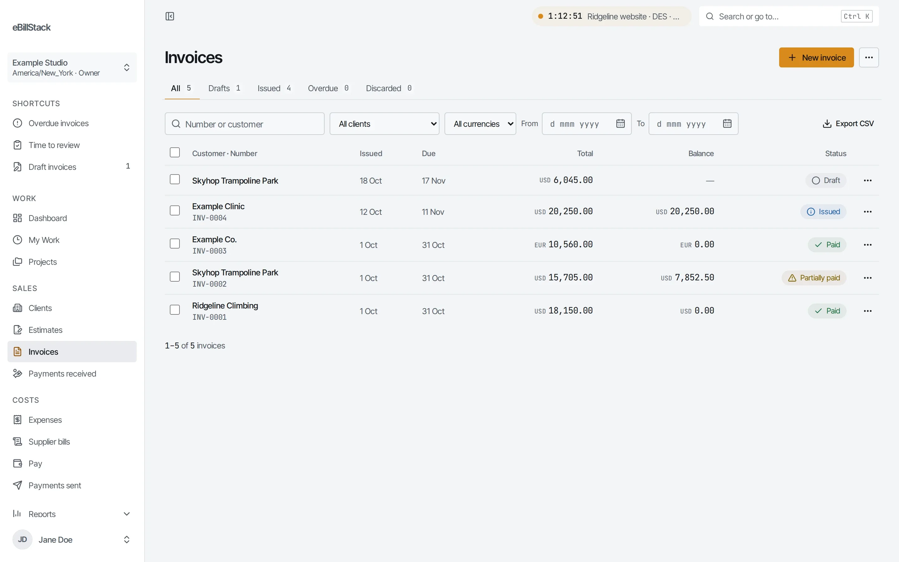 The invoice list: one draft, one issued, one partly paid and two paid, in US dollars and euros.