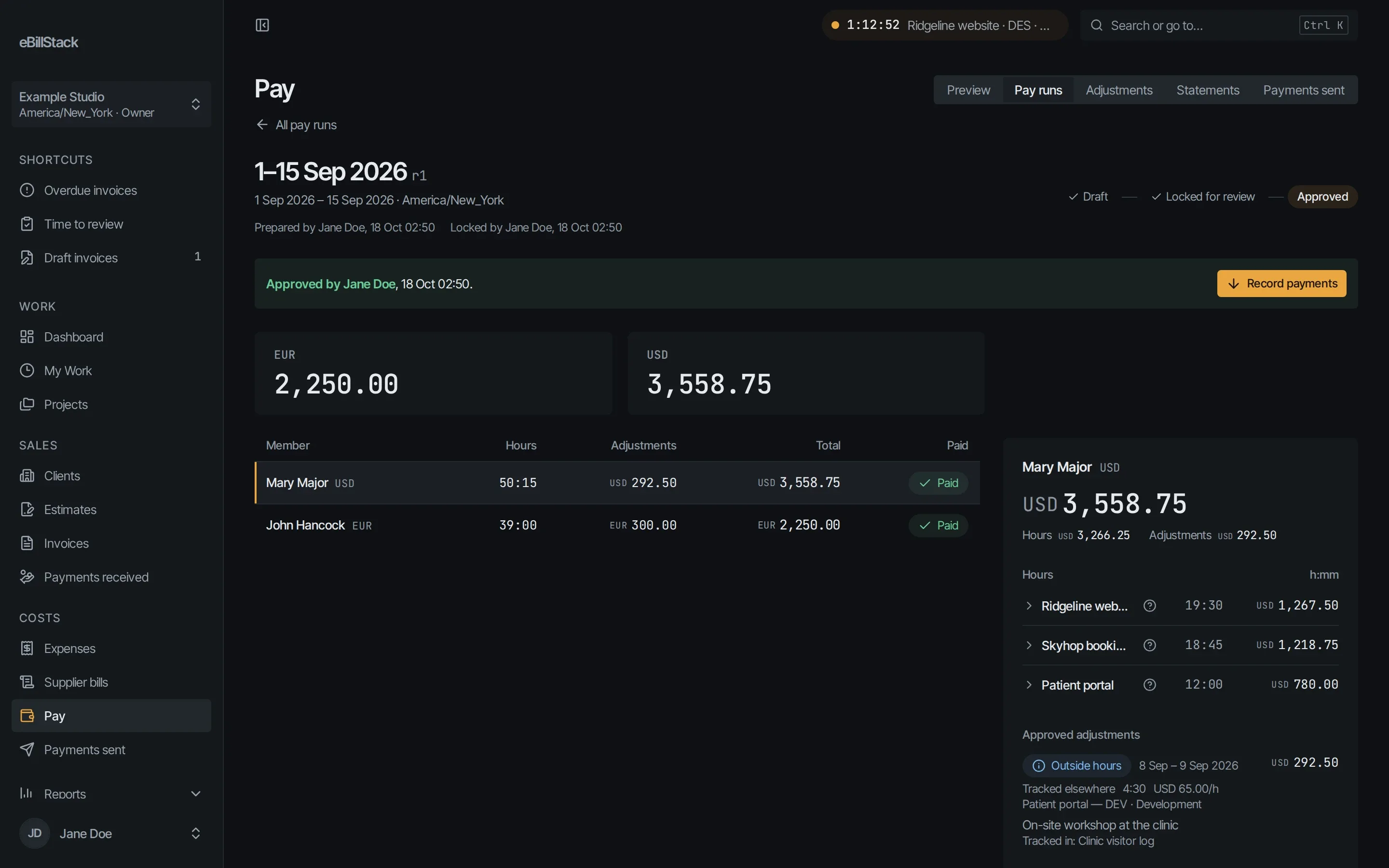 An approved pay run for 1–15 September: Mary Major paid USD 3,266.25 and John Hancock EUR 2,250.00.