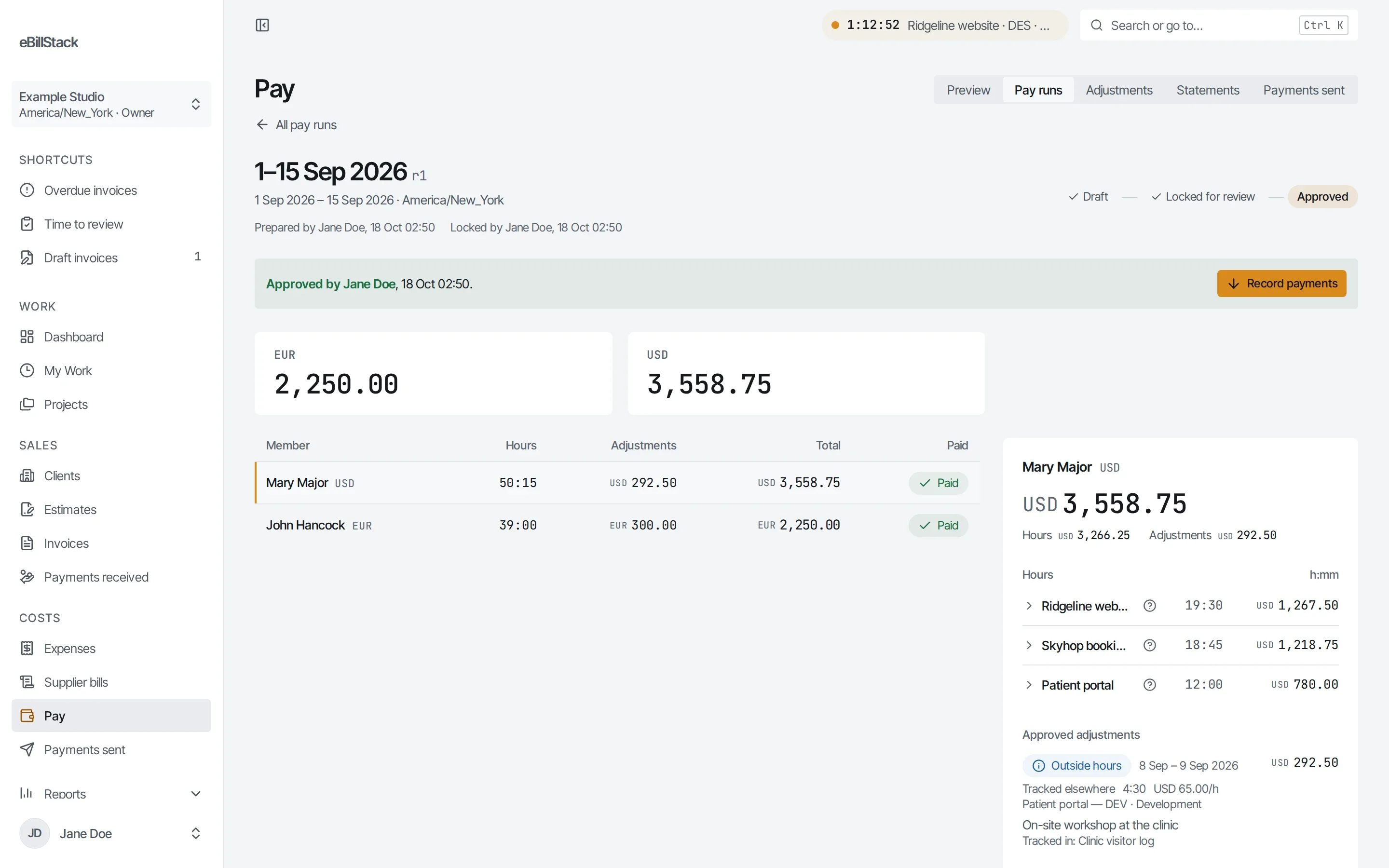 An approved pay run for 1–15 September: Mary Major paid USD 3,266.25 and John Hancock EUR 2,250.00.