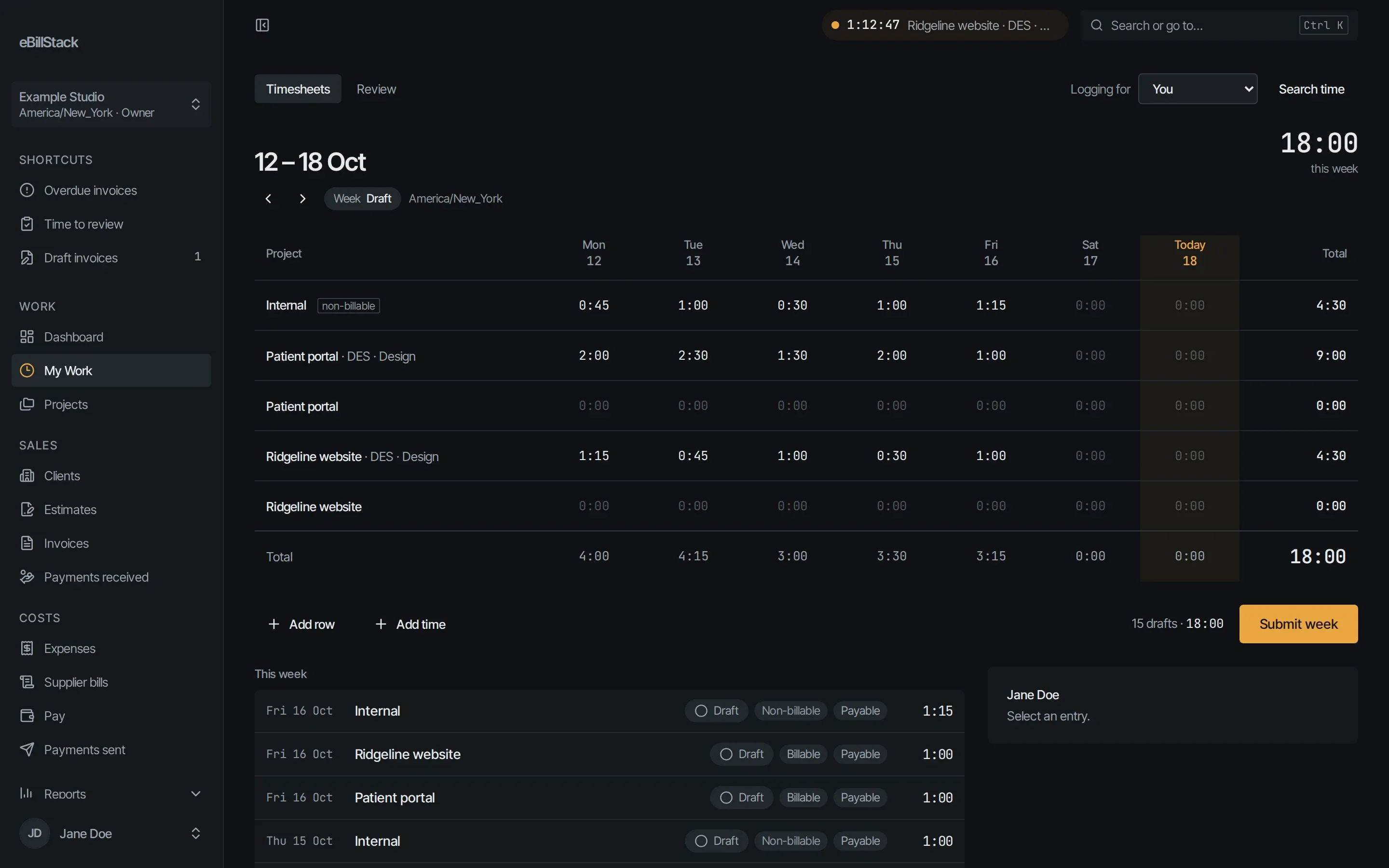 A week's timesheet in eBillStack, with hours per project and task, a running timer and Submit week.
