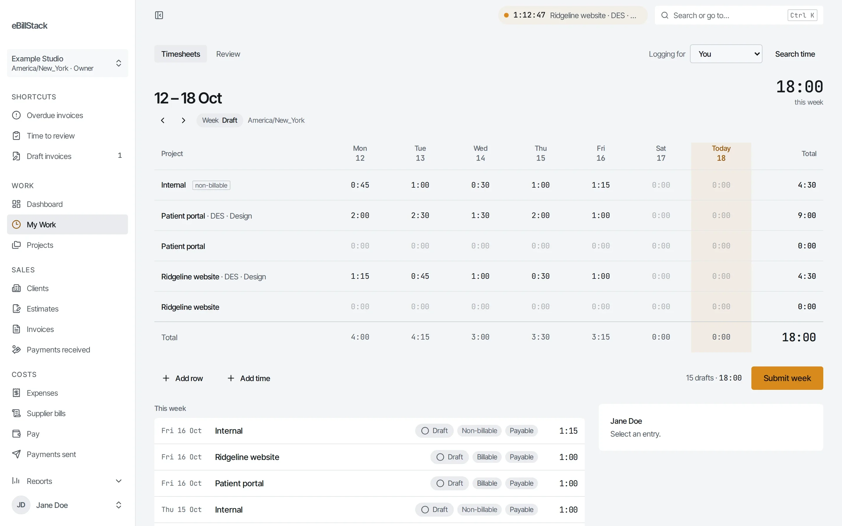 A week's timesheet in eBillStack, with hours per project and task, a running timer and Submit week.