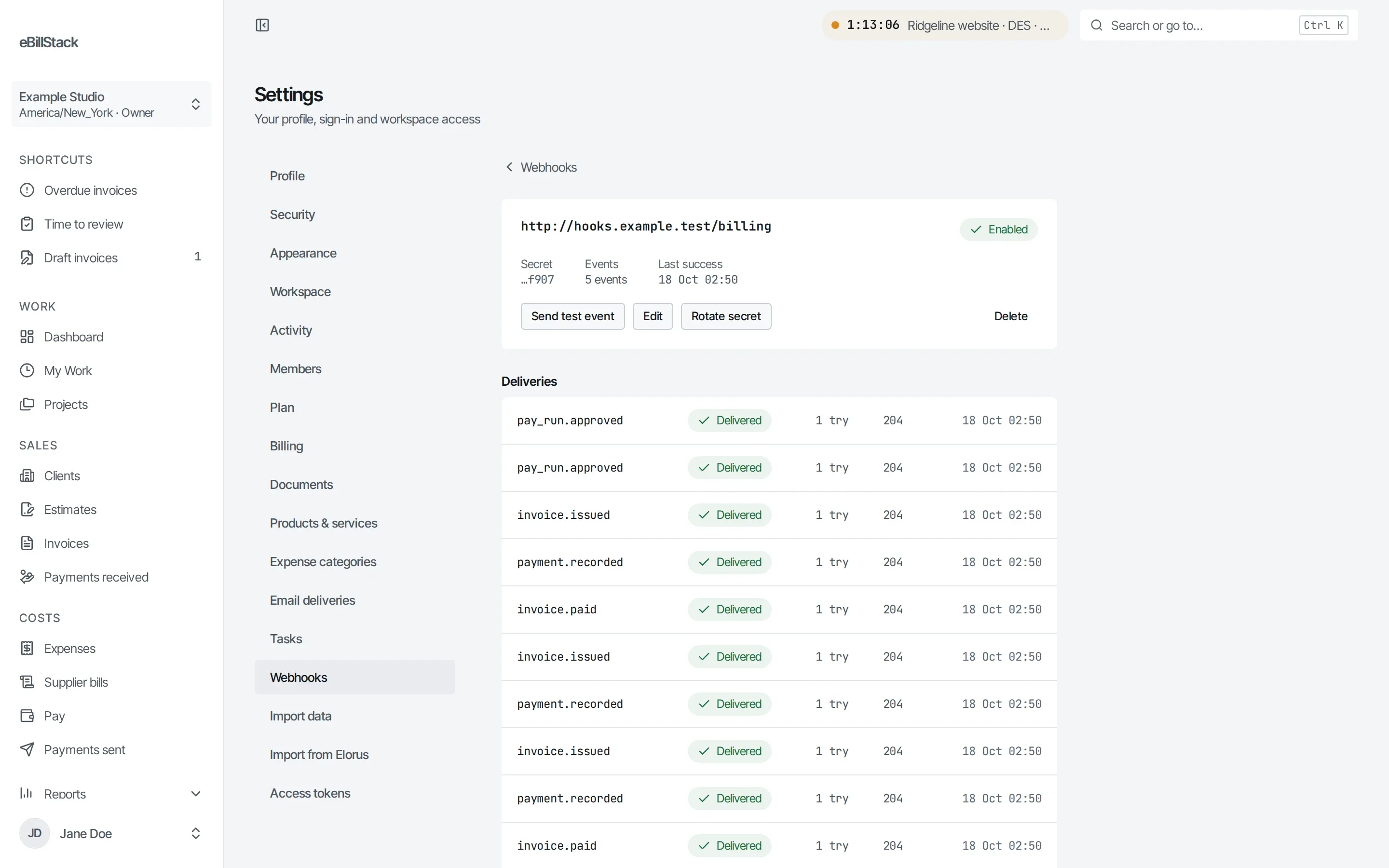 A webhook endpoint, enabled, with its delivery log: invoice, payment and pay run events, each delivered on the first try.